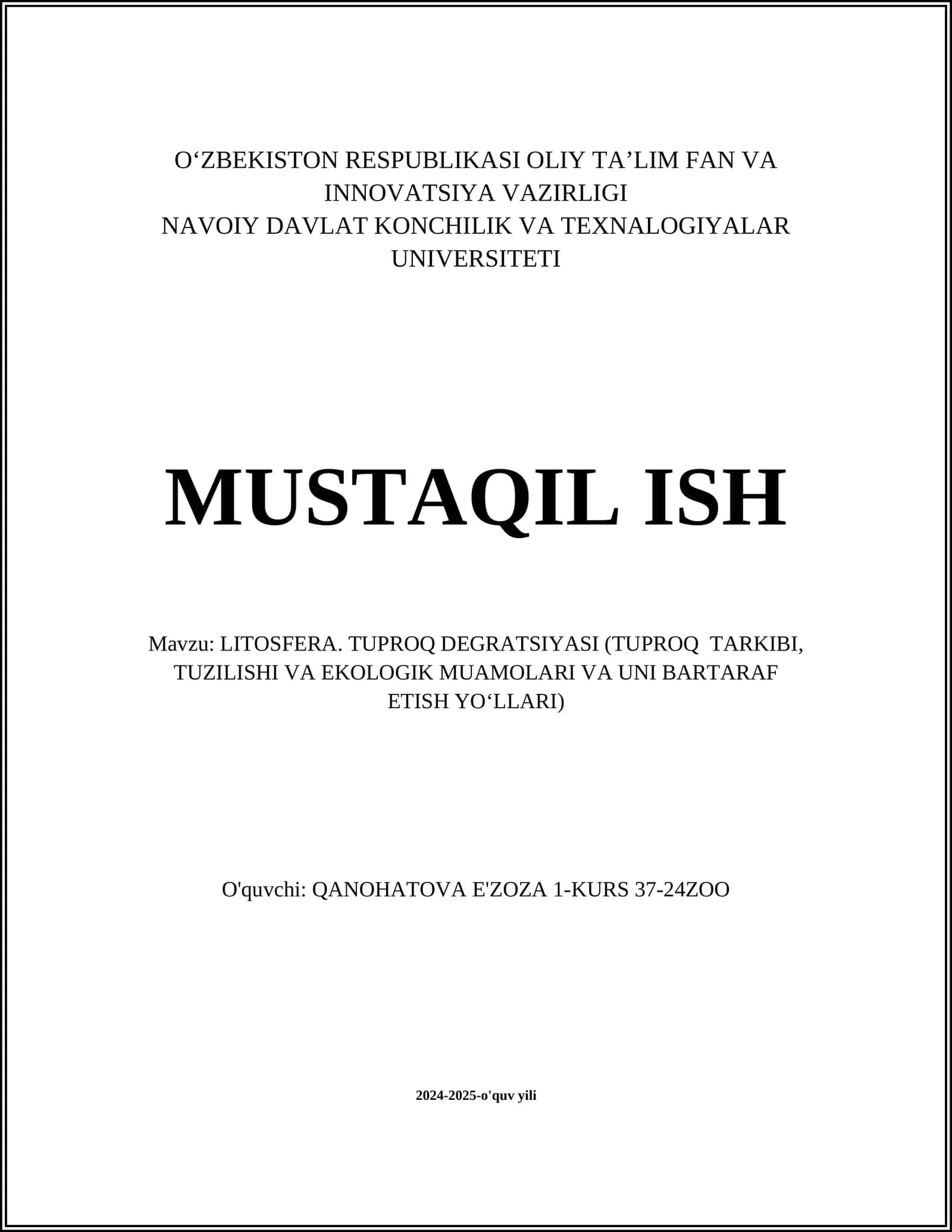 LITOSFERA. TUPROQ DEGRATSIYASI (TUPROQ TARKIBI, TUZILISHI VA EKOLOGIK MUAMOLARI VA UNI BARTARAF ETISH YOʻLLARI) 1