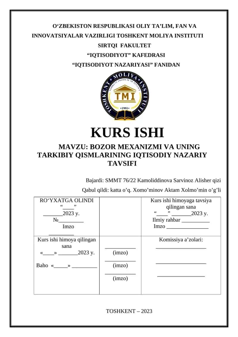 Bozor mexanizmi va uning tarkibiy qismlarining iqtisodiy nazariy tavsifi 1