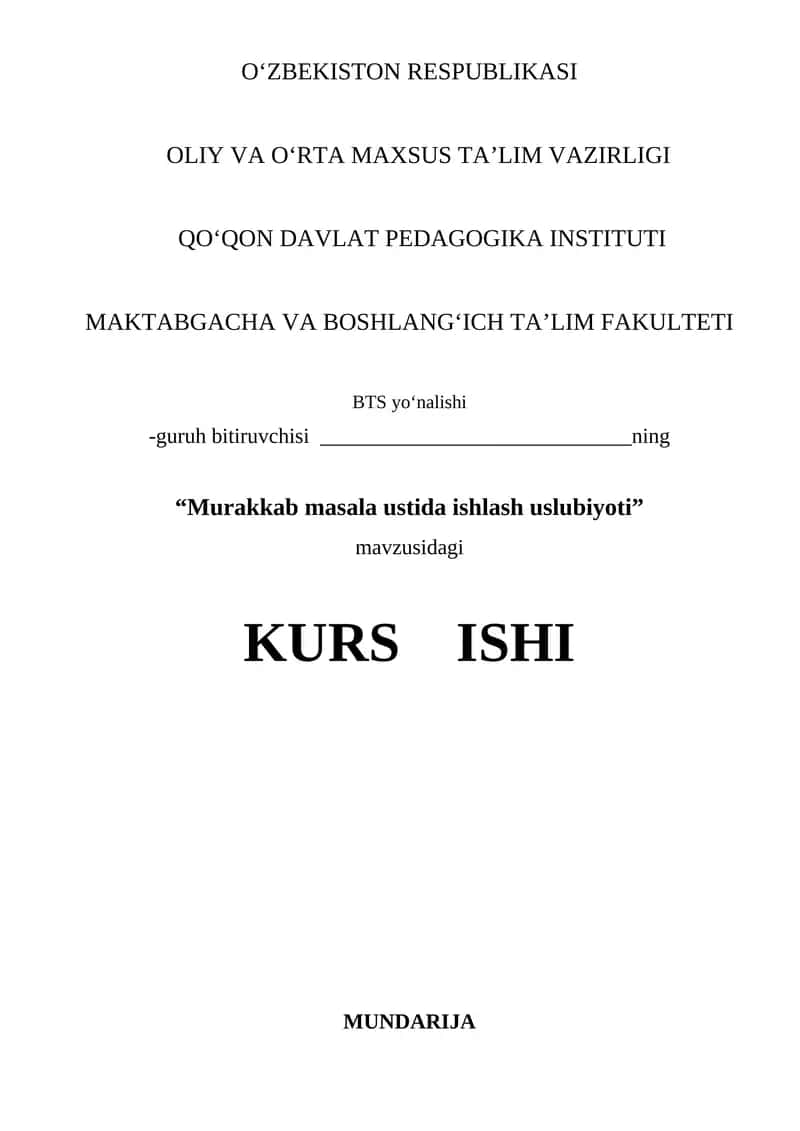 Murakkab masala ustida ishlash uslubiyoti kurs ishi 1