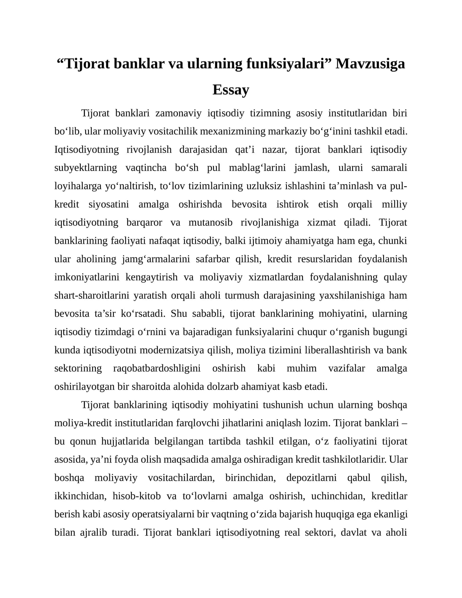 Tijorat banklar va ularning funksiyalari 1