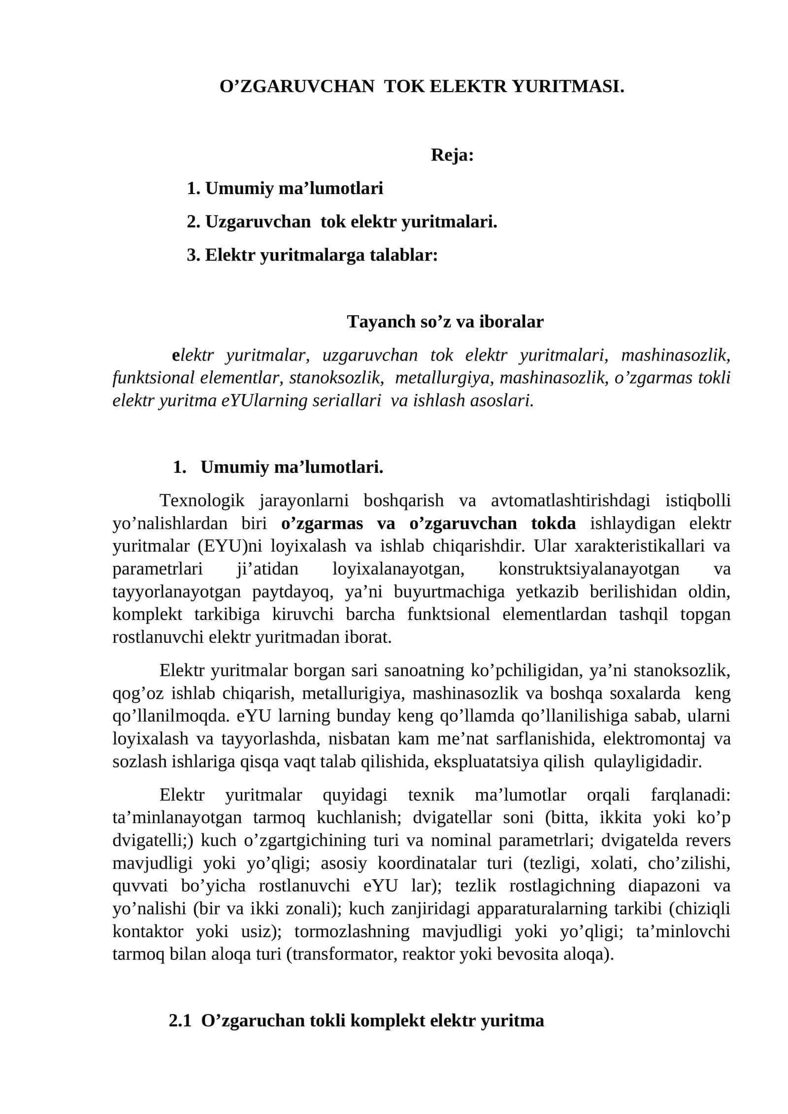O’ZGARUVCHAN TOK ЕLEKTR YURITMASI 1