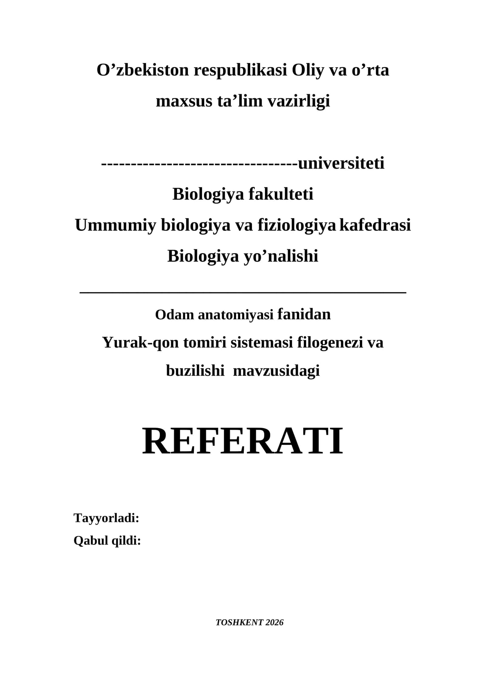 Yurak-qon tomiri sistemasi filogenezi va buzilishi REFERAT 2026 1