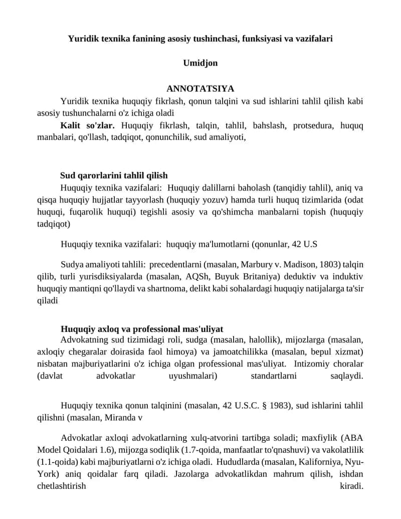 Yuridik texnika fanining asosiy tushinchasi, funksiyasi va vazifalari 1