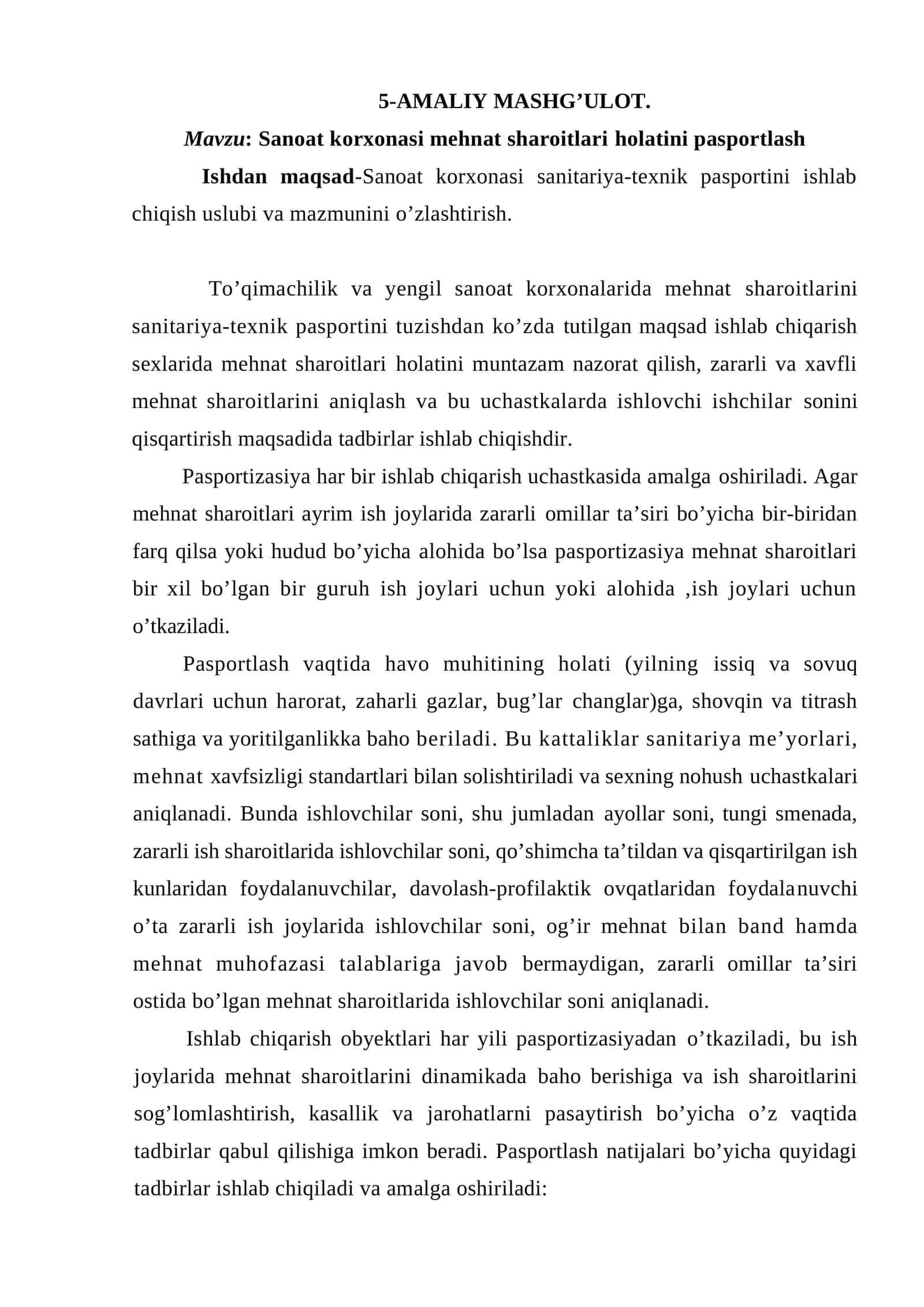 Sanoat korxonasi mehnat sharoitlari pasportlash 1
