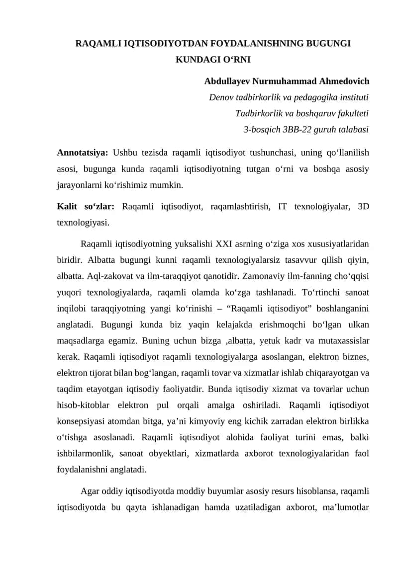 Raqamli iqtisodiyotdan foydalanishning bugungi kundagi o‘rni 1