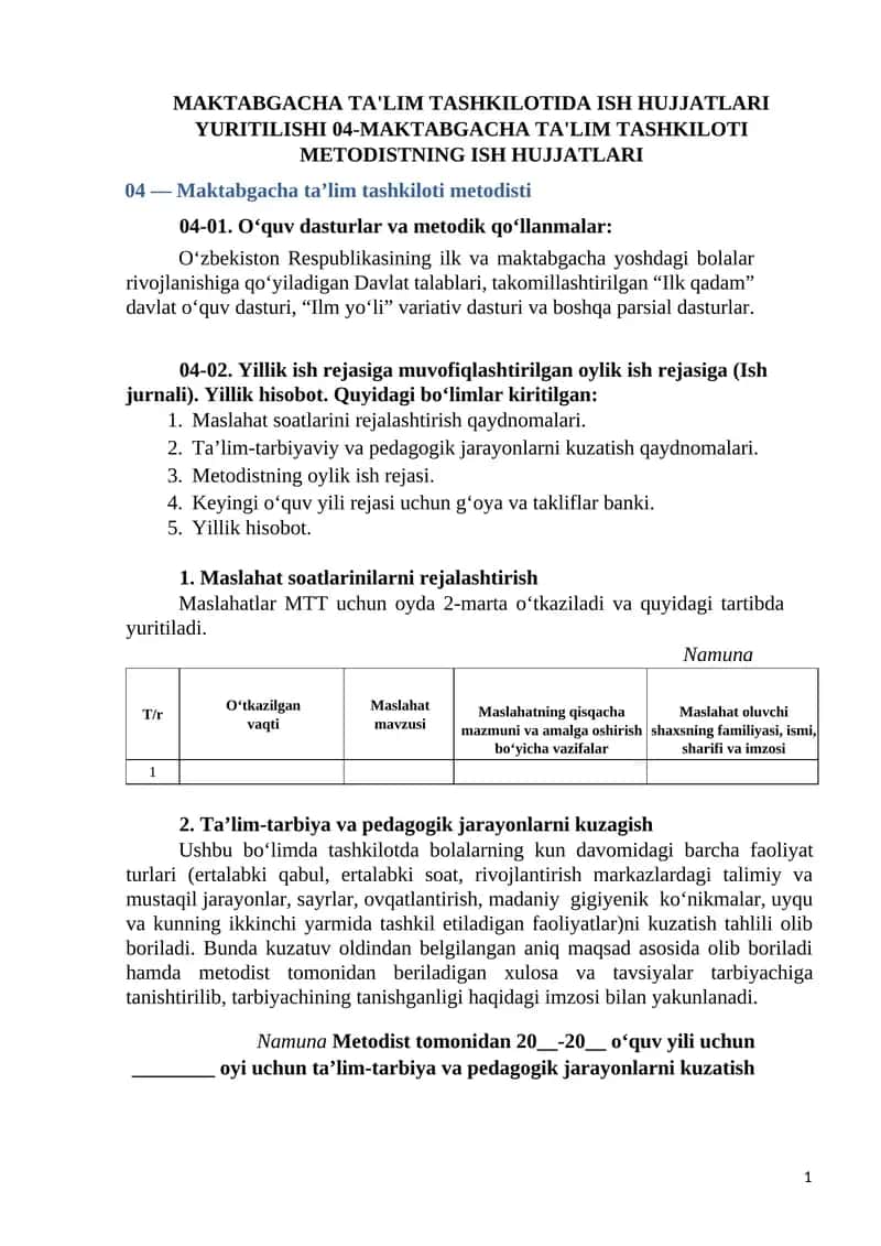 MAKTABGACHA TA'LIM TASHKILOTIDA ISH HUJJATLARI YURITILISHI 04-MAKTABGACHA TA'LIM TASHKILOTI METODISTNING ISH HUJJATLARI 1
