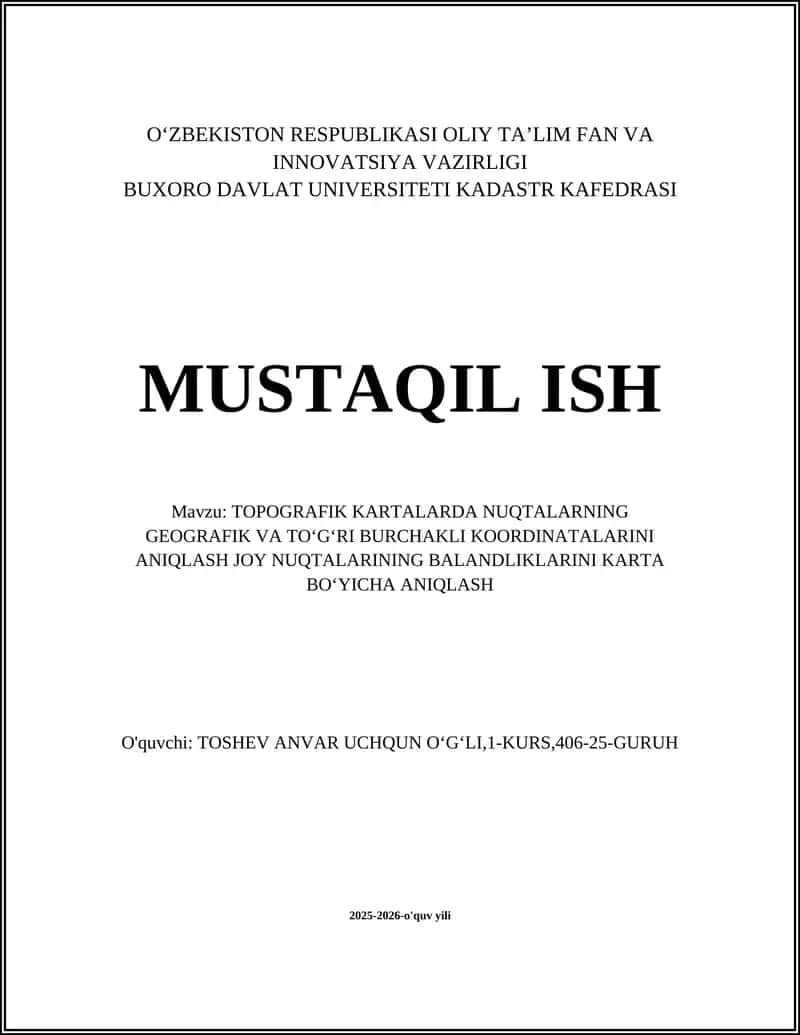 Topografik kartalarda nuqtalarning geografik va to'g'ri burchakli koordinatalarini aniqlash 1