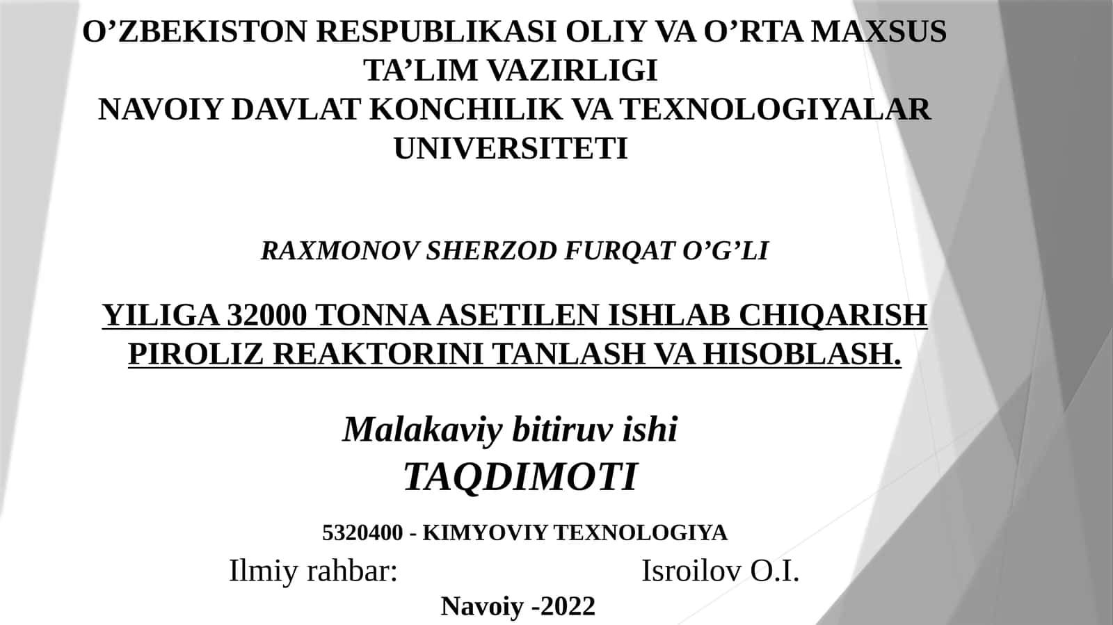 YILIGA 32000 TONNA ASETILEN ISHLAB CHIQARISH PIROLIZ REAKTORINI TANLASH VA HISOBLASH 1