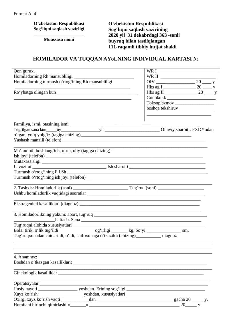 Homilador va tuqqan ayollar individual kartasi 1