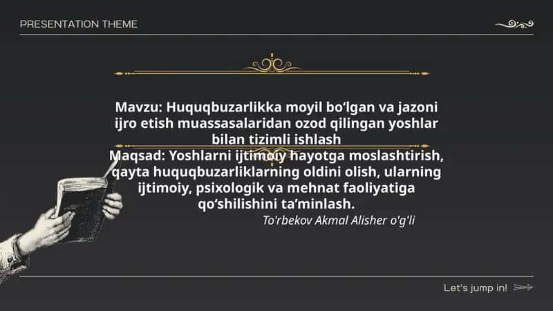Huquqbuzarlikka moyil bo‘lgan va jazoni ijro etish muassasalaridan ozod qilingan yoshlar bilan tizimli ishlash 1
