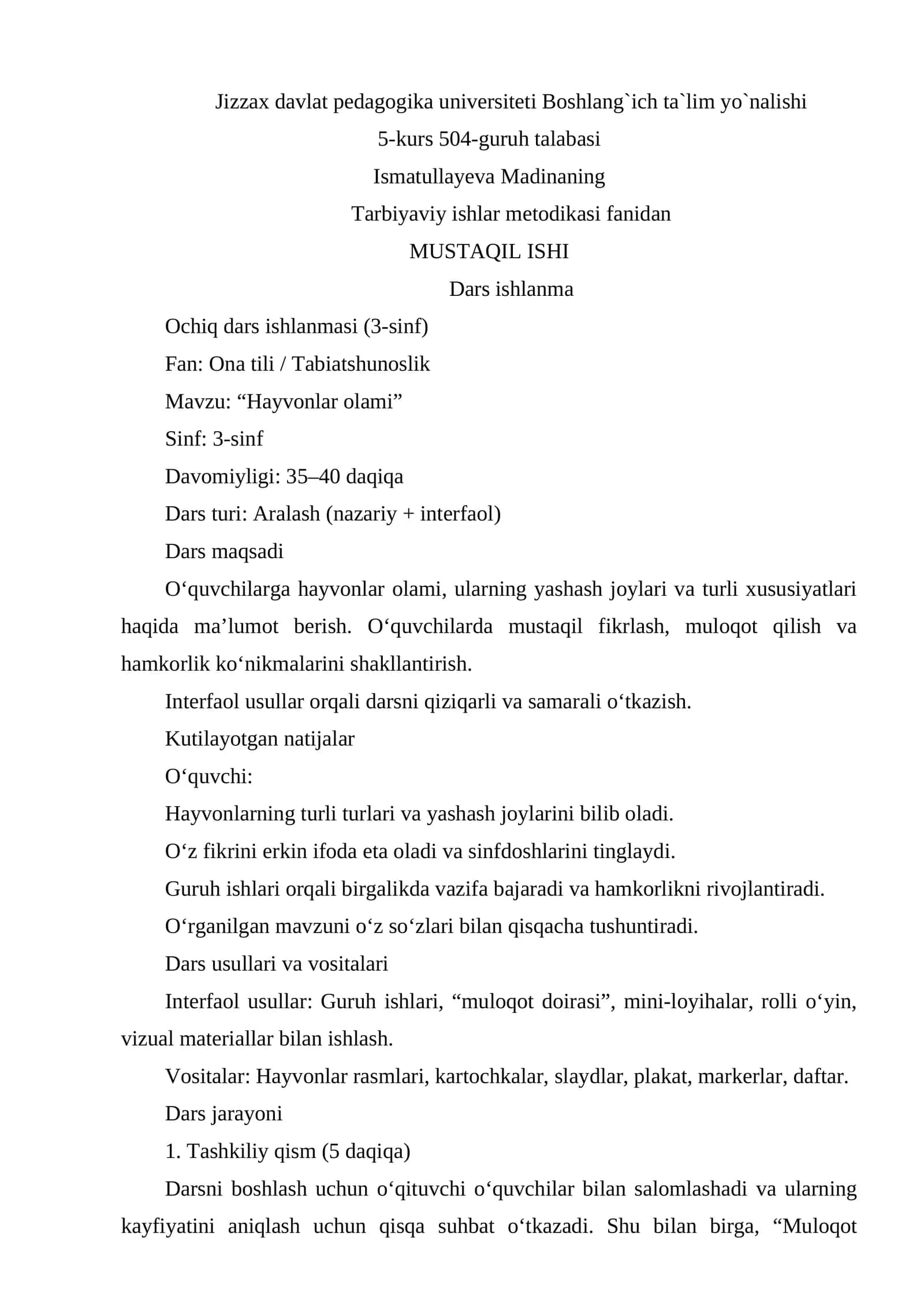 Ochiq dars ishlanmasi (3-sinf) Fan: Ona tili / Tabiatshunoslik 1