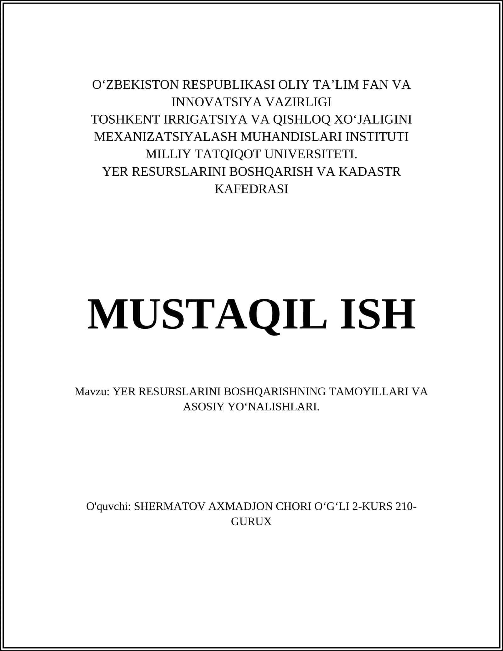 YER RESURSLARINI BOSHQARISHNING TAMOYILLARI VA ASOSIY YOʻNALISHLARI 1