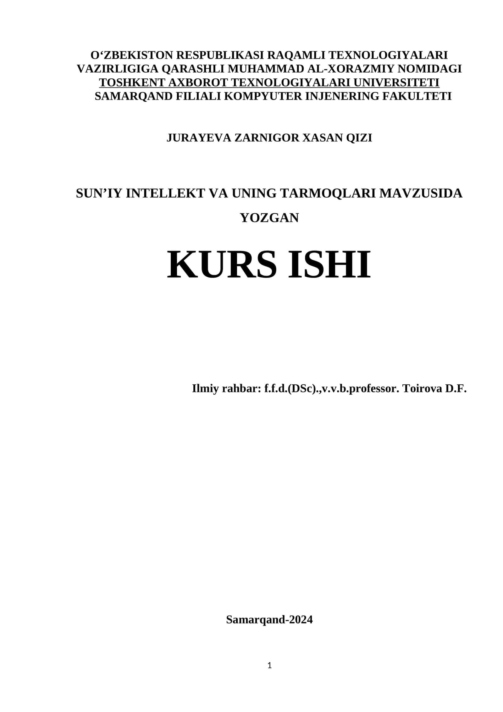 SUN’IY INTELLEKT VA UNING TARMOQLARI MAVZUSIDA KURS ISHI 1