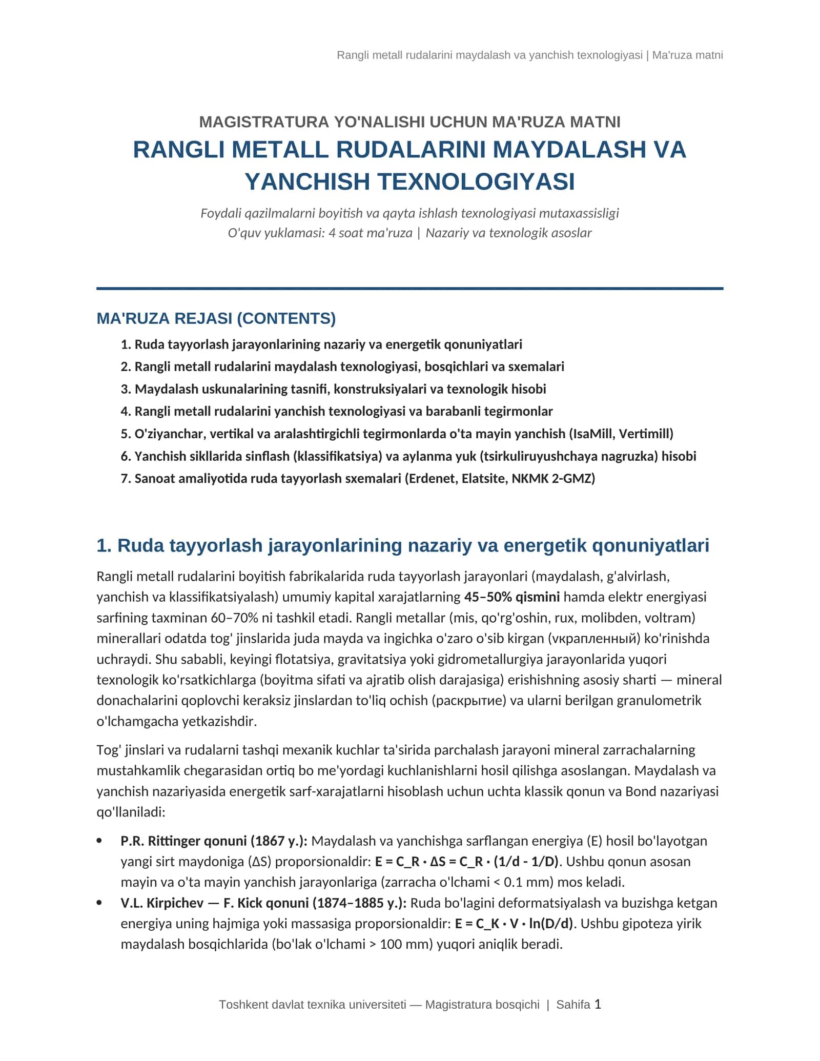 Rangli metall rudalarini maydalash va yanchish texnologiyasi 1