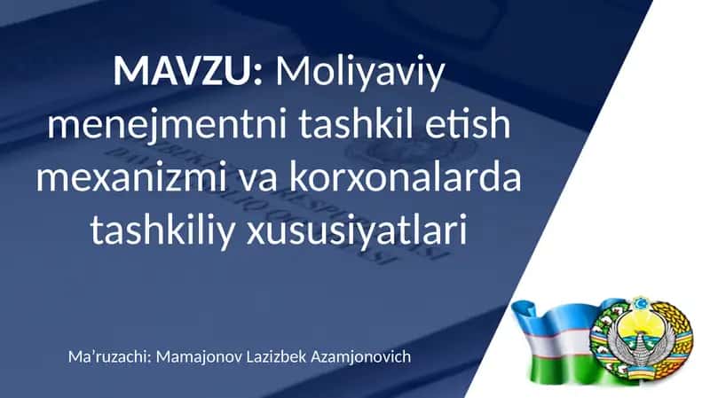 Moliyaviy menejmentni tashkil etish mexanizmi va korxonalarda tashkiliy xususiyatlari 1
