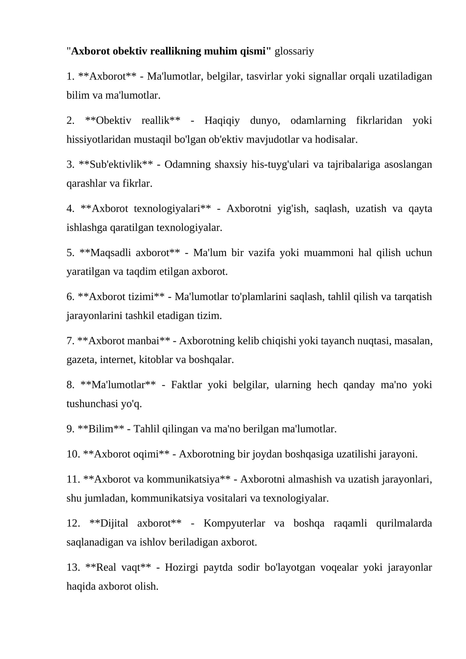 Axborot obektiv reallikning muhim qismi glossariy 1