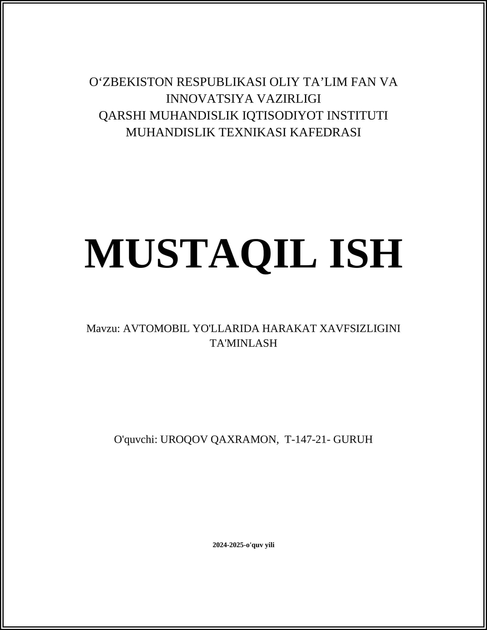 AVTOMOBIL YO'LLARIDA HARAKAT XAVFSIZLIGINI TA'MINLASH 1