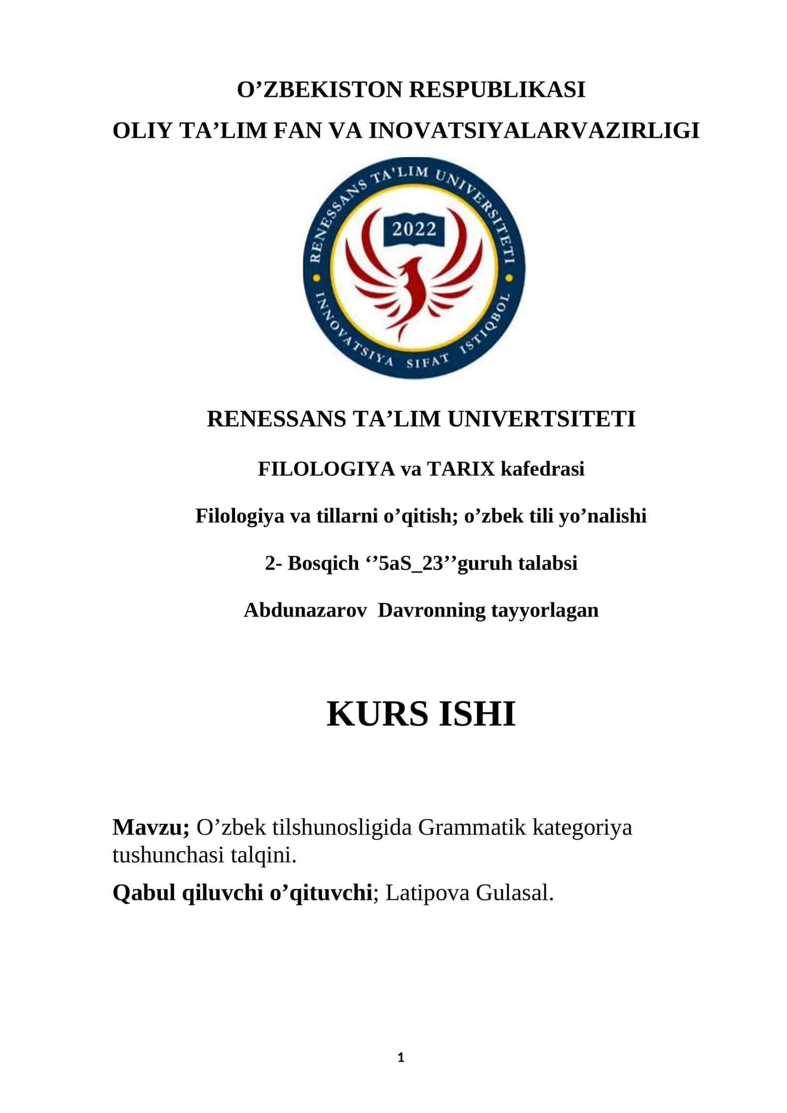O’zbek tilshunosligida Grammatik kategoriya tushunchasi talqini 1