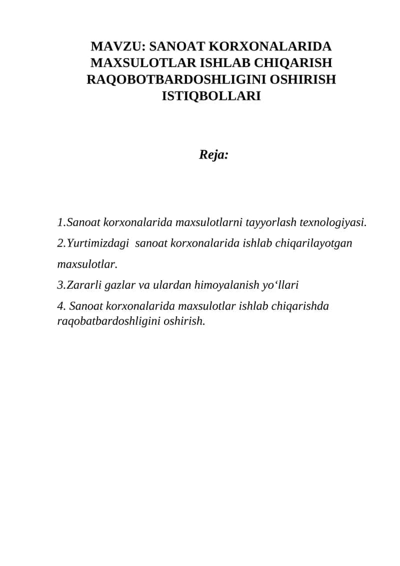 SANOAT KORXONALARIDA MAXSULOTLAR ISHLAB CHIQARISH RAQOBOTBARDOSHLIGINI OSHIRISH ISTIQBOLLARI 1