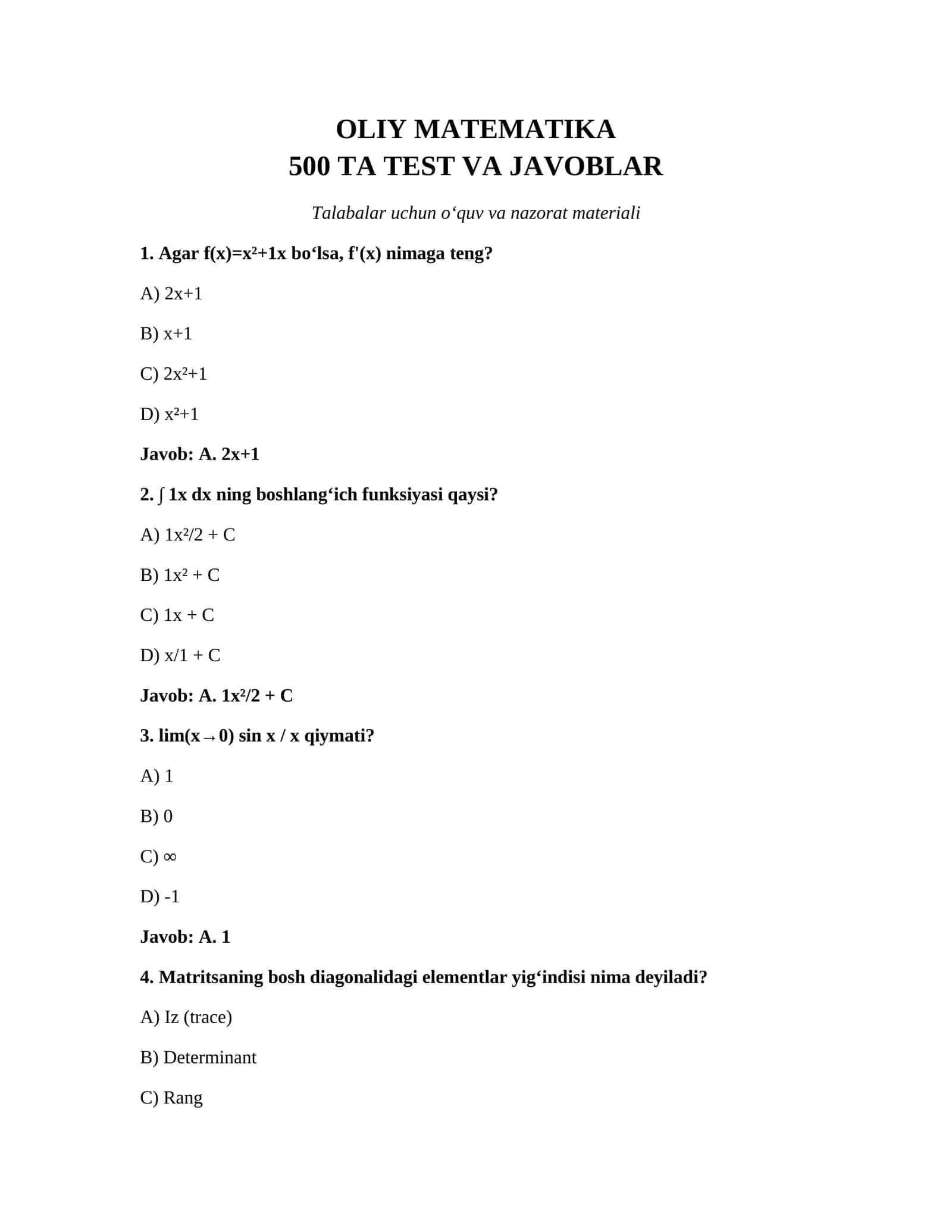 Oliy matematika testlar va javobi 1