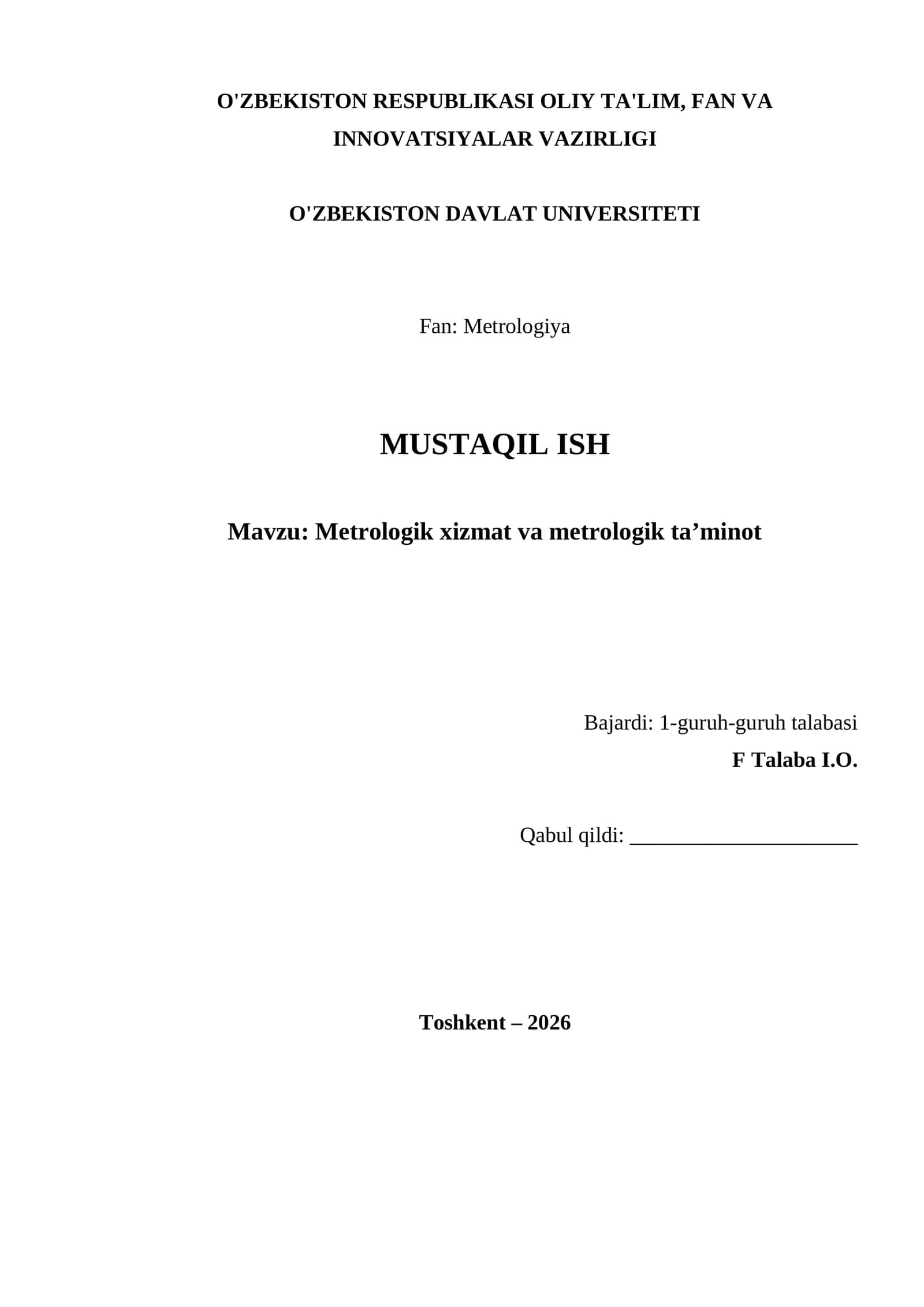 Metrologik xizmat va metrologik ta’minot 1