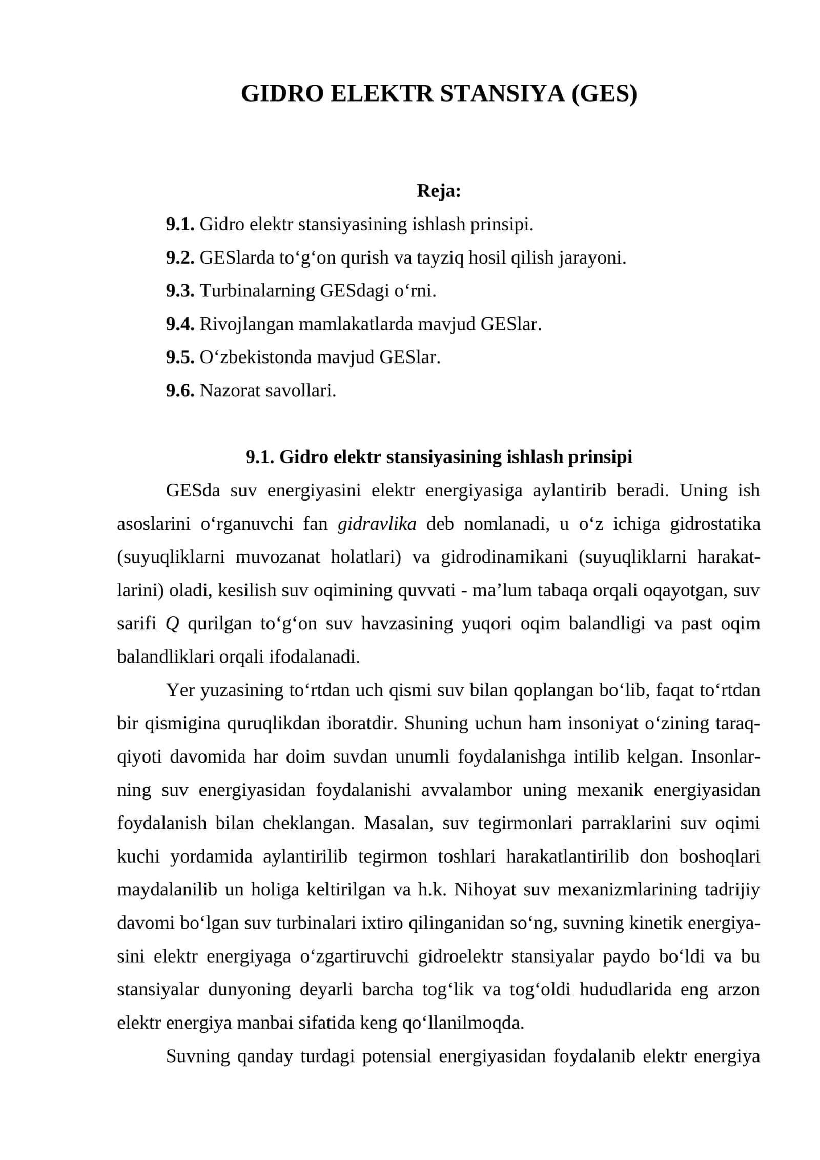 GIDRO ELEKTR STANSIYA (GES) 1