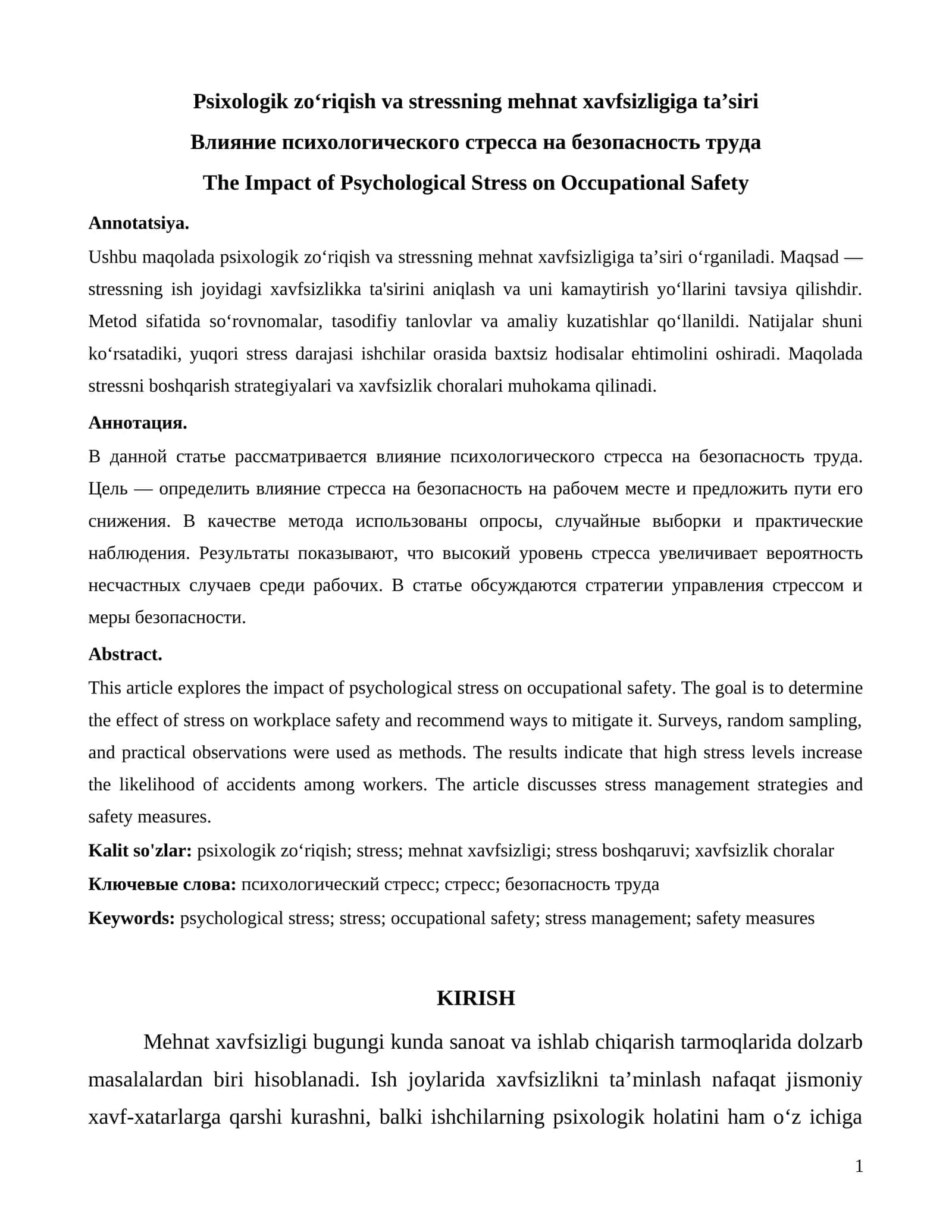 Psixologik zo‘riqish va stressning mehnat xavfsizligiga ta’siri 1