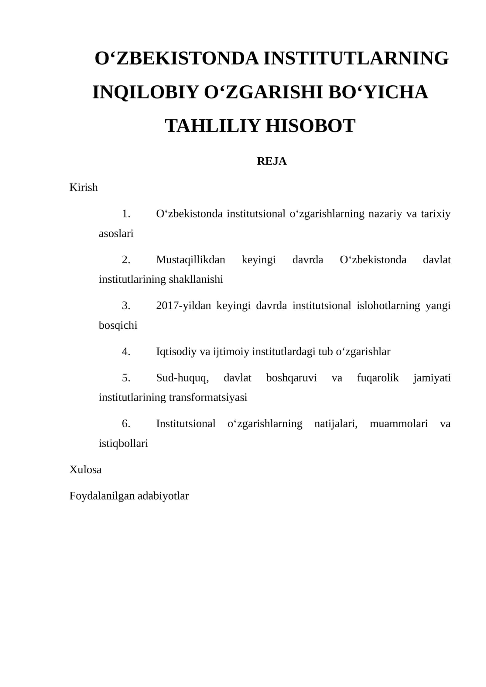 O‘ZBEKISTONDA INSTITUTLARNING INQILOBIY O‘ZGARISHI BO‘YICHA TAHLILIY HISOBOT 1