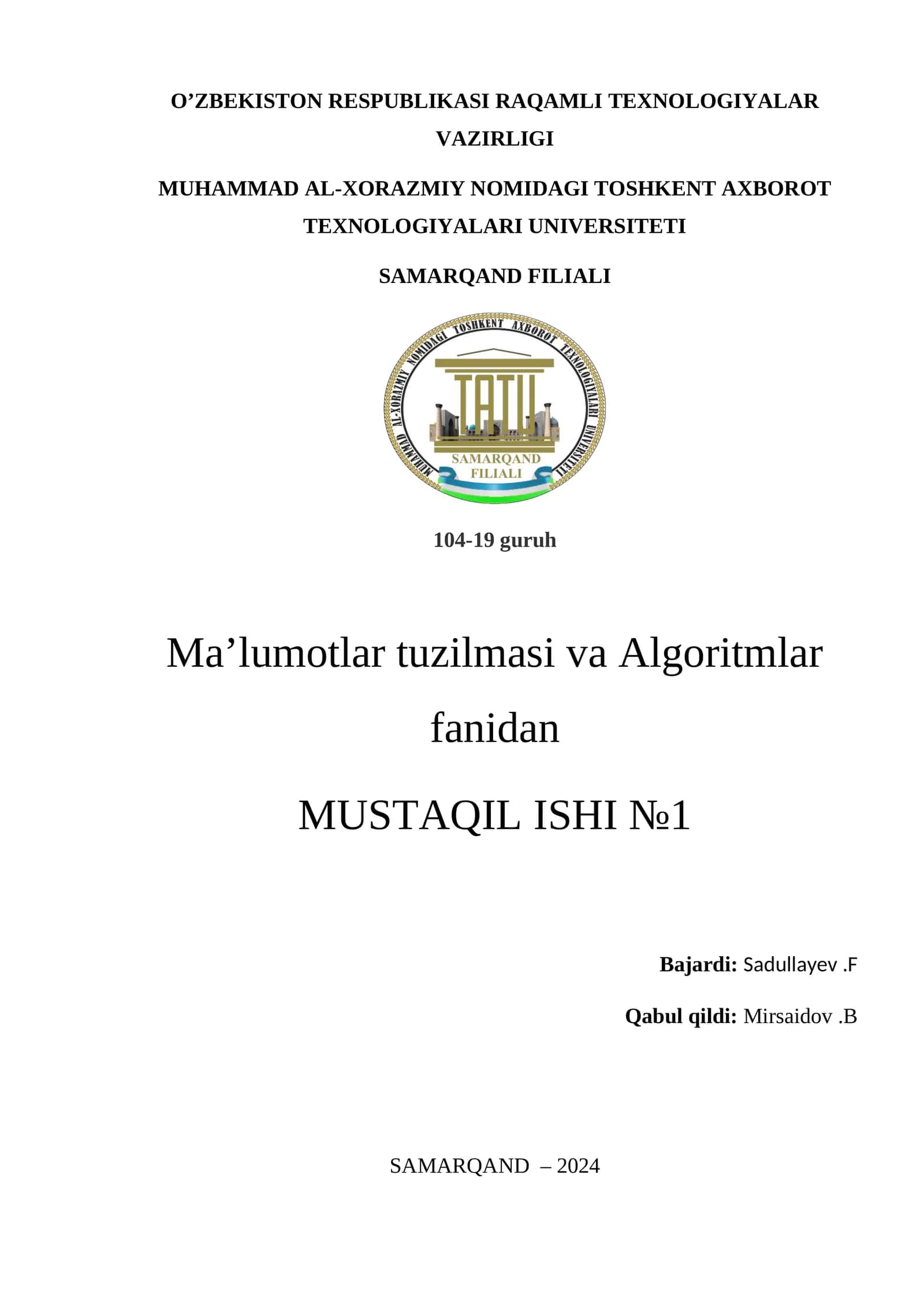 Statik va dinamik ma’lumotlar tuzilmasi. Algoritm yozish usullari. Algoritm sinflar 1
