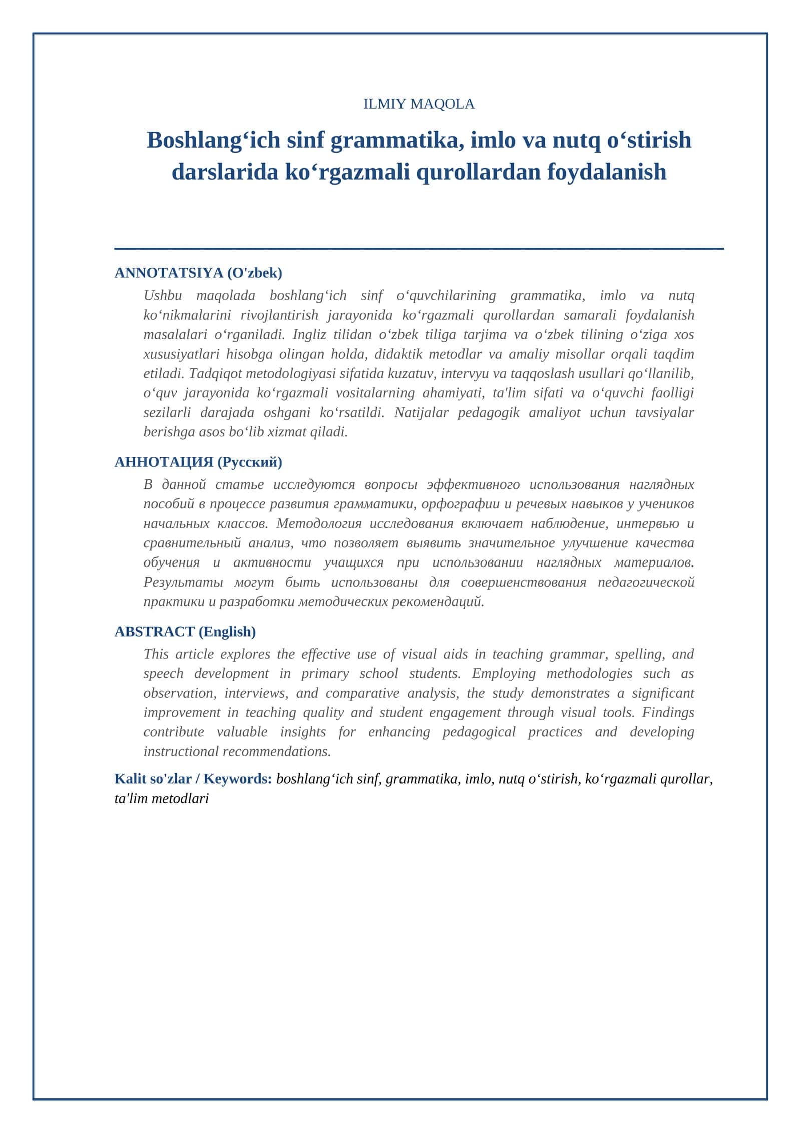 Boshlang‘ich sinf grammatika, imlo va nutq o‘stirish darslarida ko‘rgazmali qurollardan foydalanish 1