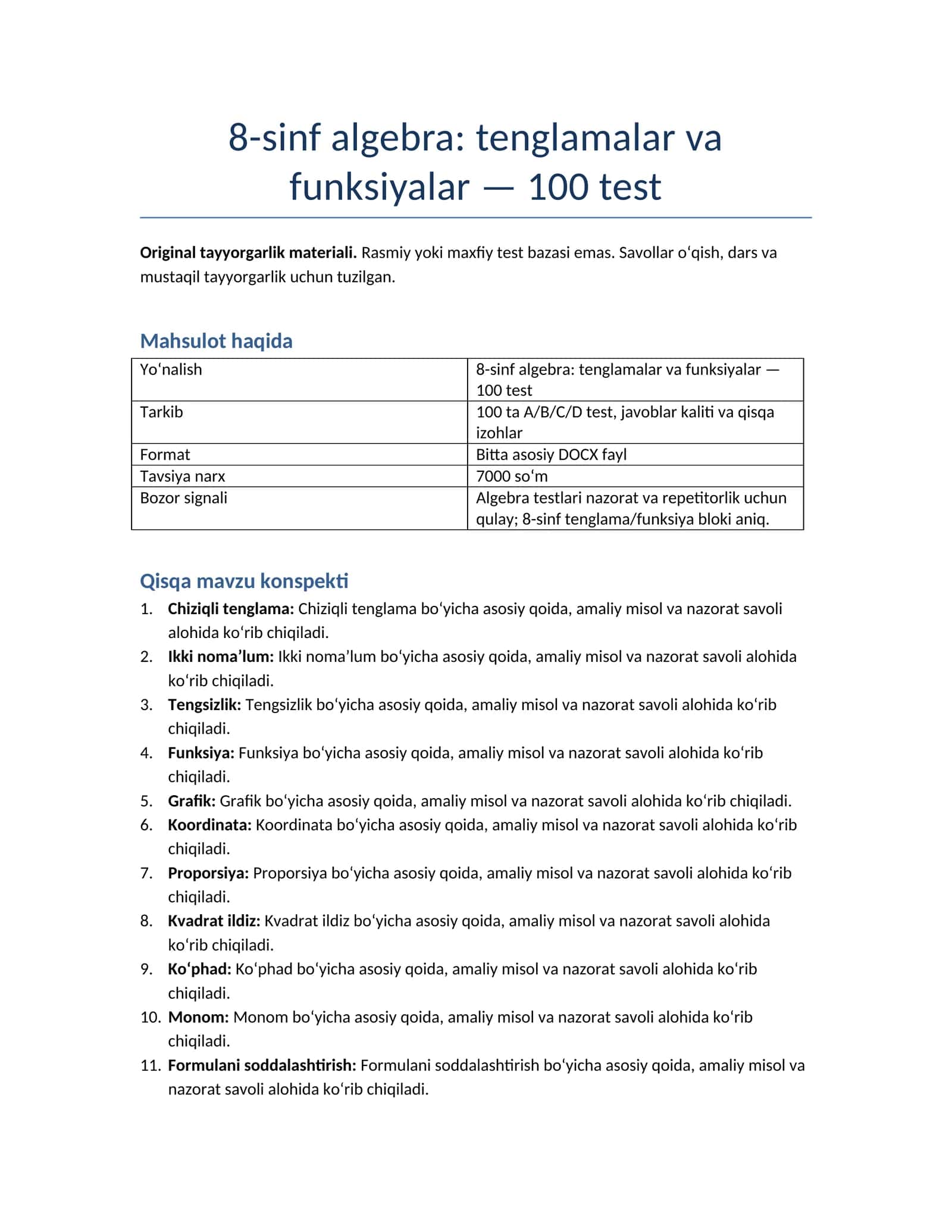 8-sinf algebra: tenglamalar va funksiyalar — 100 test 1