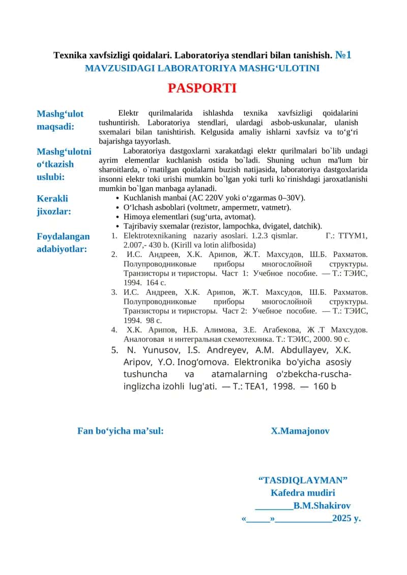 Texnika xavfsizligi qoidalari. Laboratoriya stendlari bilan tanishish. №1 1