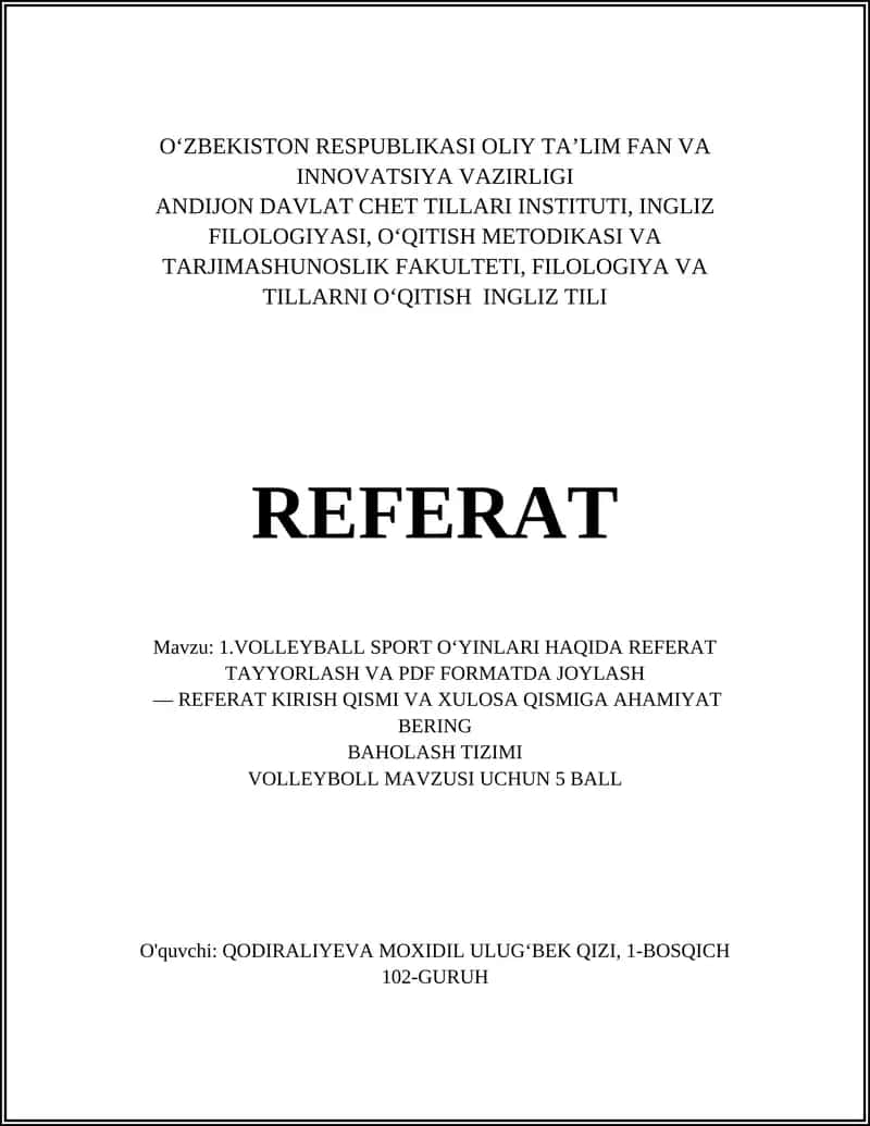 Voleybol sport o'yinlari haqida referat 1