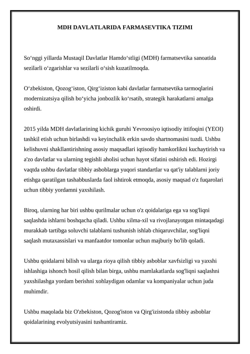 MDH DAVLATLARIDA FARMASEVTIKA TIZIMI 1