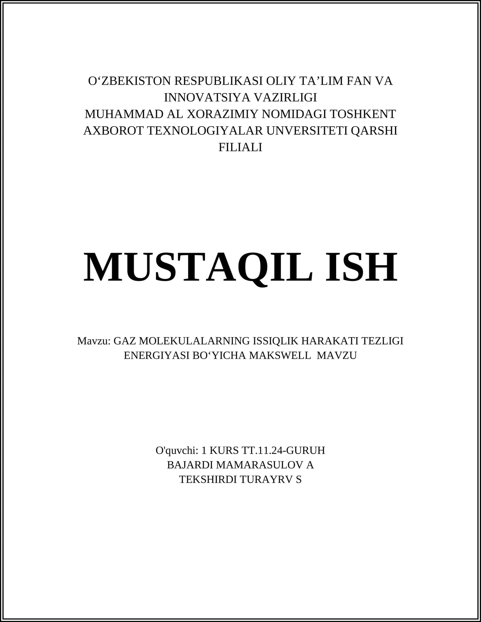 GAZ MOLEKULALARNING ISSIQLIK HARAKATI TEZLIGI ENERGIYASI BOʻYICHA MAKSWELL 1