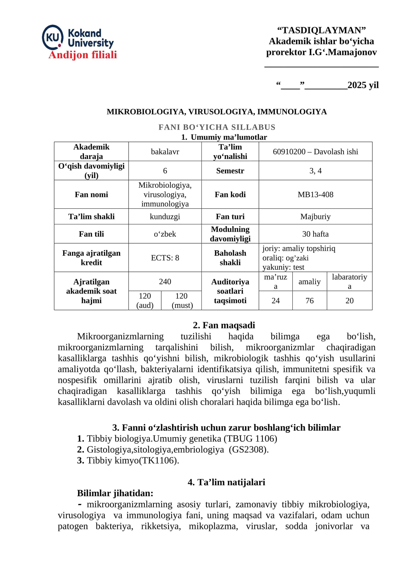 TASDIQLAYMAN Akademik ishlar bo‘yicha prorektor I.G‘.Mamajonov 1