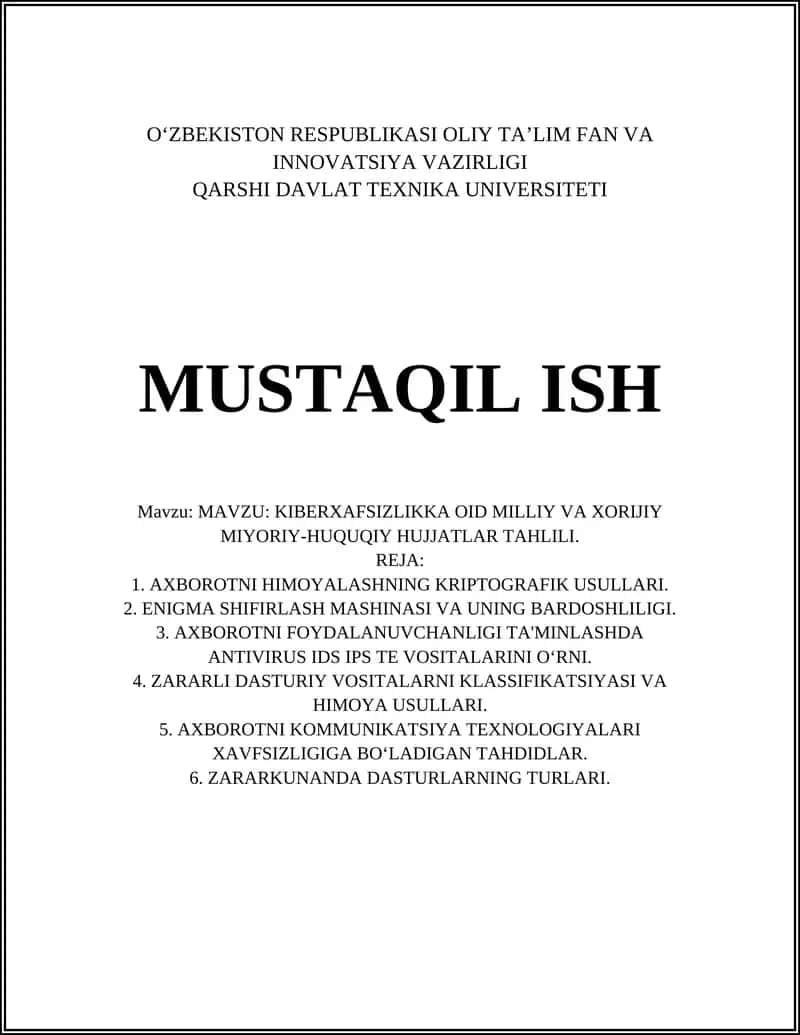 KIBERXAFSIZLIKKA OID MILLIY VA XORIJIY MIYORIY-HUQUQIY HUJJATLAR TAHLILI 1