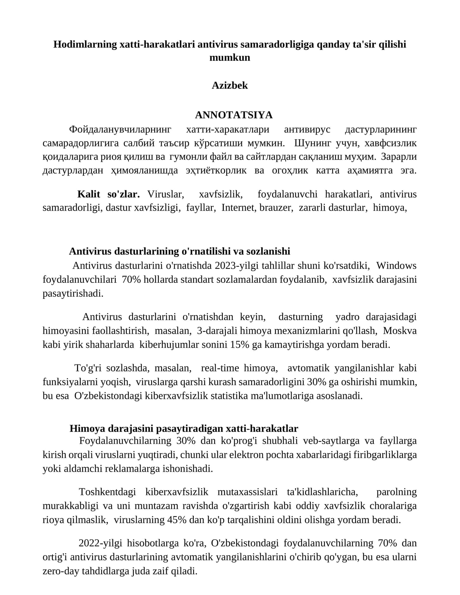 Hodimlarning xatti-harakatlari antivirus samaradorligiga qanday ta'sir qilishi mumkun 1