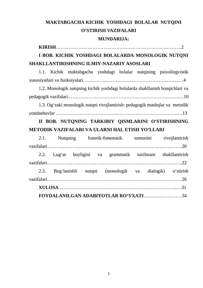 MAKTABGACHA KICHIK YOSHDAGI BOLALAR NUTQINI O‘STIRISH VAZIFALARI 1
