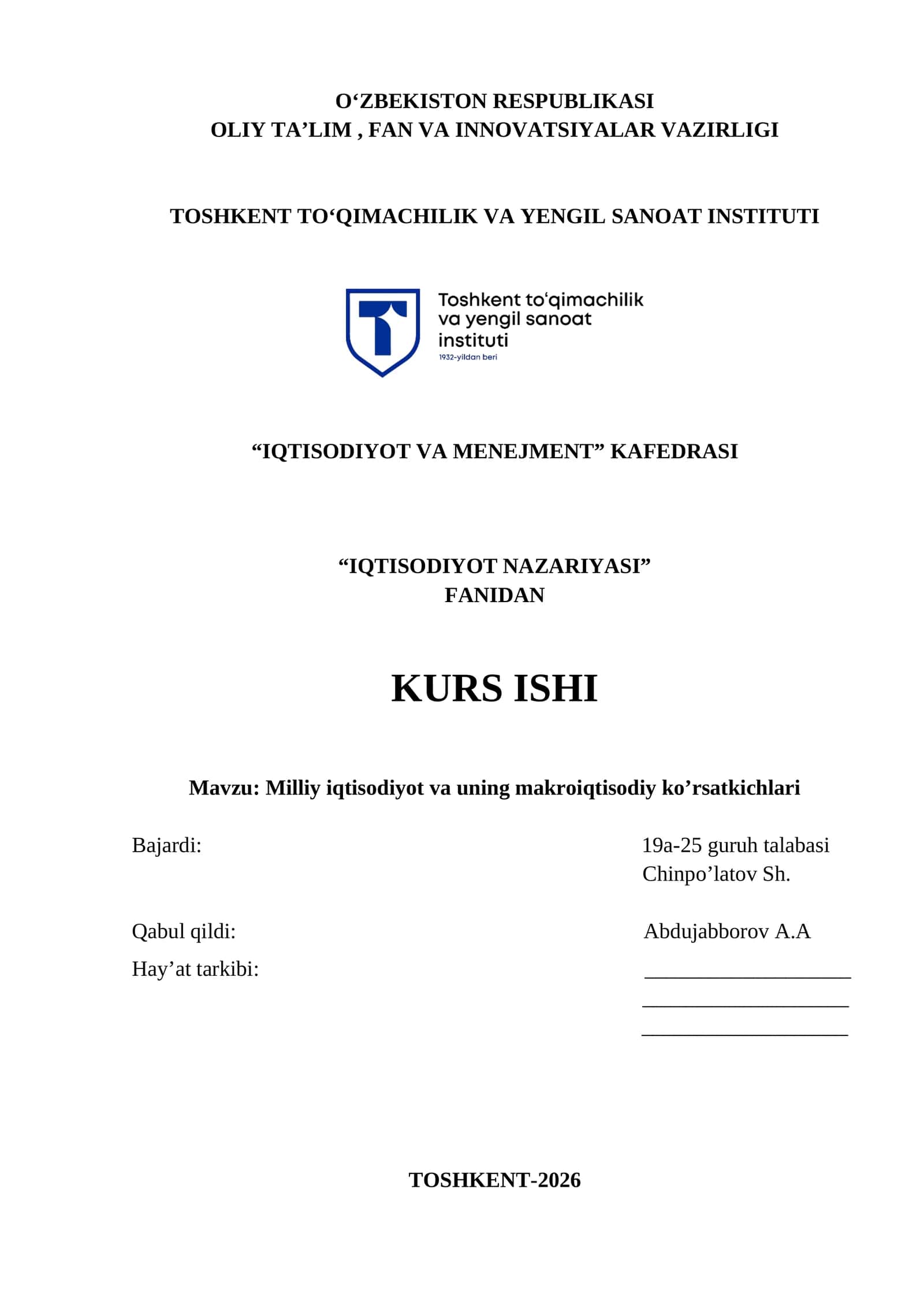 Milliy iqtisodiyot va uning makroiqtisodiy ko’rsatkichlari mavzusi bo'yicha kurs ishi 1