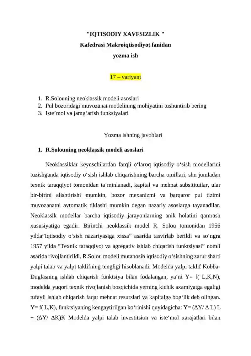 R.Solouning neoklassik modeli