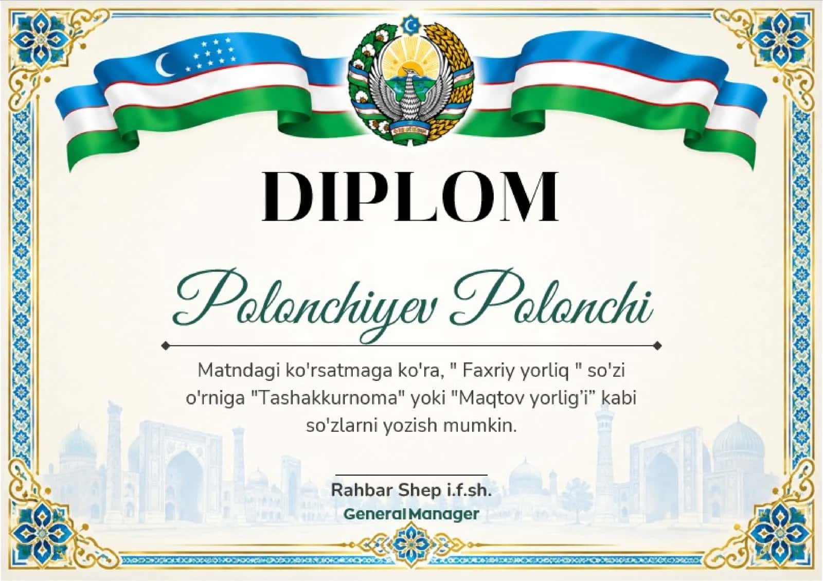 Shablon diplom, sertifikat, faxriy yorliq, tashakkurnoma yoki maqtov yorlig'i 1