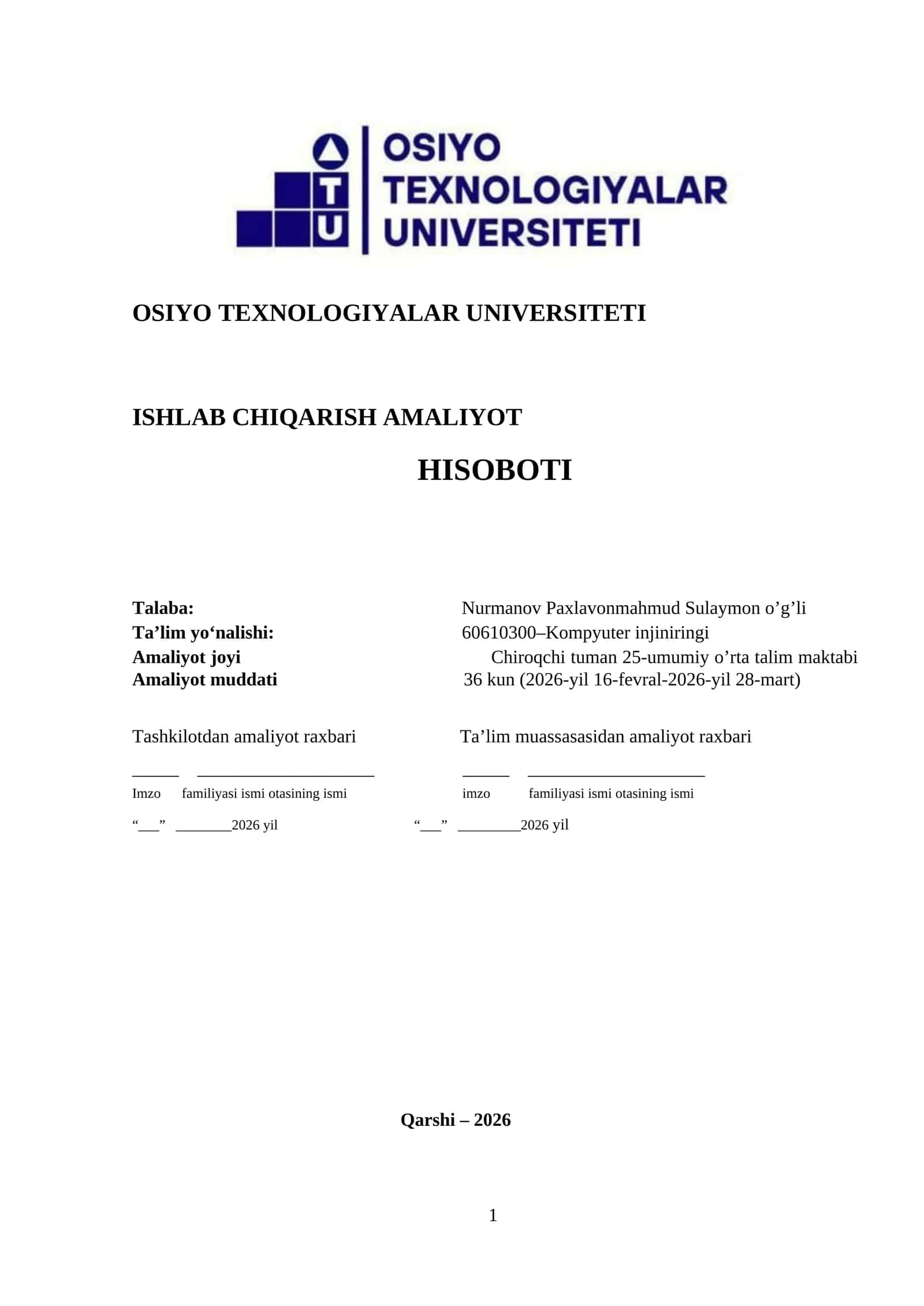ISHLAB CHIQARISH AMALIYOT HISOBOTI 1