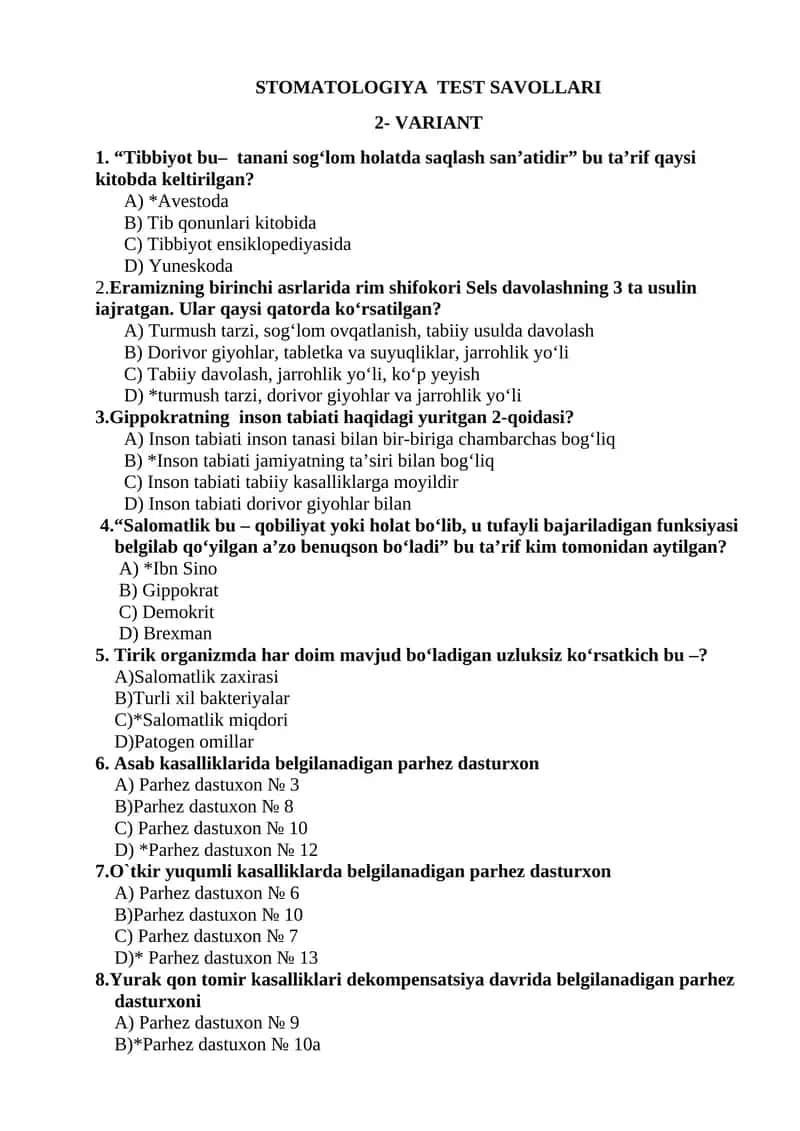 STOMATOLOGIYA TEST SAVOLLARI 1