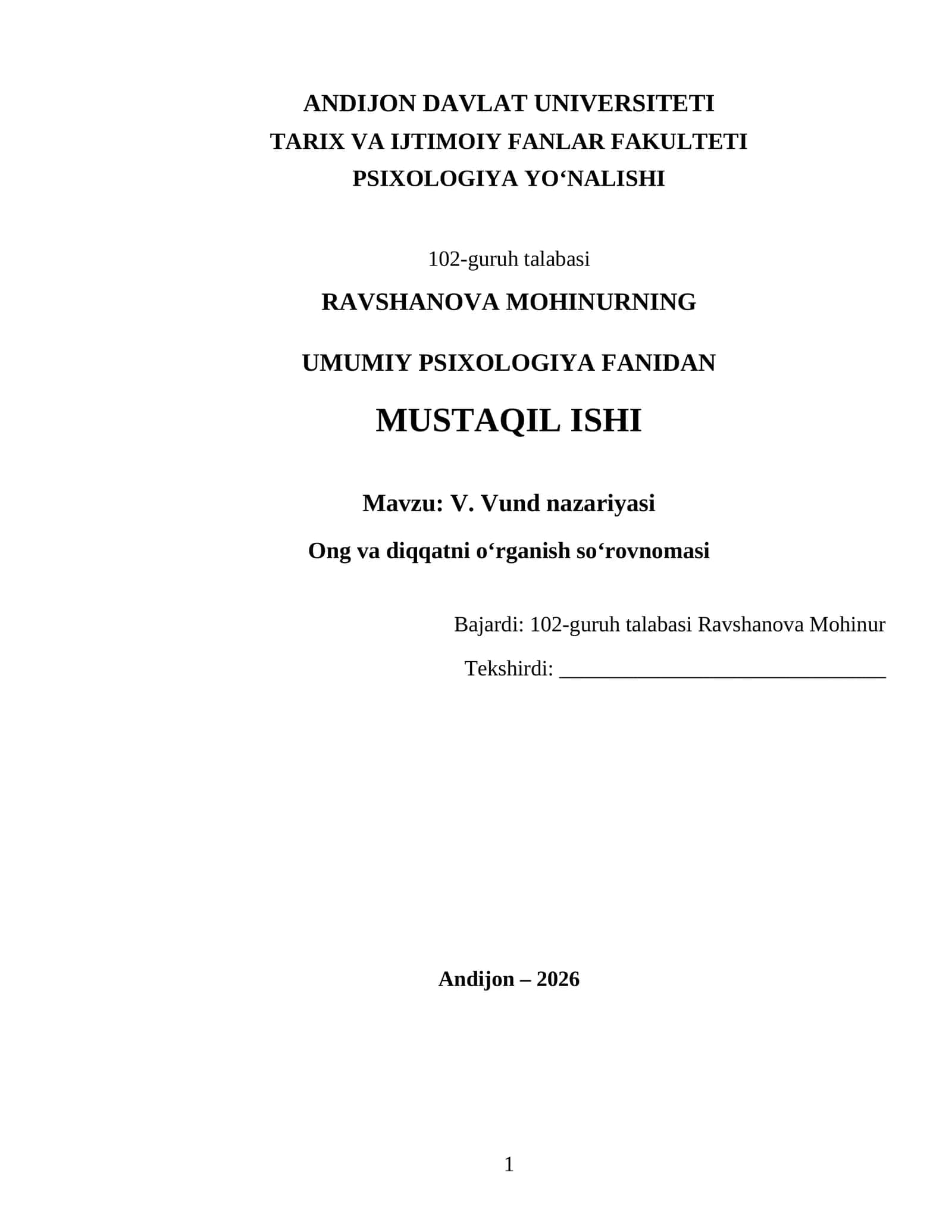 UMUMIY PSIXOLOGIYA FANIDAN MUSTAQIL ISHI 1