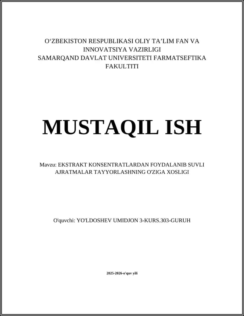EKSTRAKT KONSENTRATLARDAN FOYDALANIB SUVLI AJRATMALAR TAYYORLASHNING O'ZIGA XOSLIGI 1