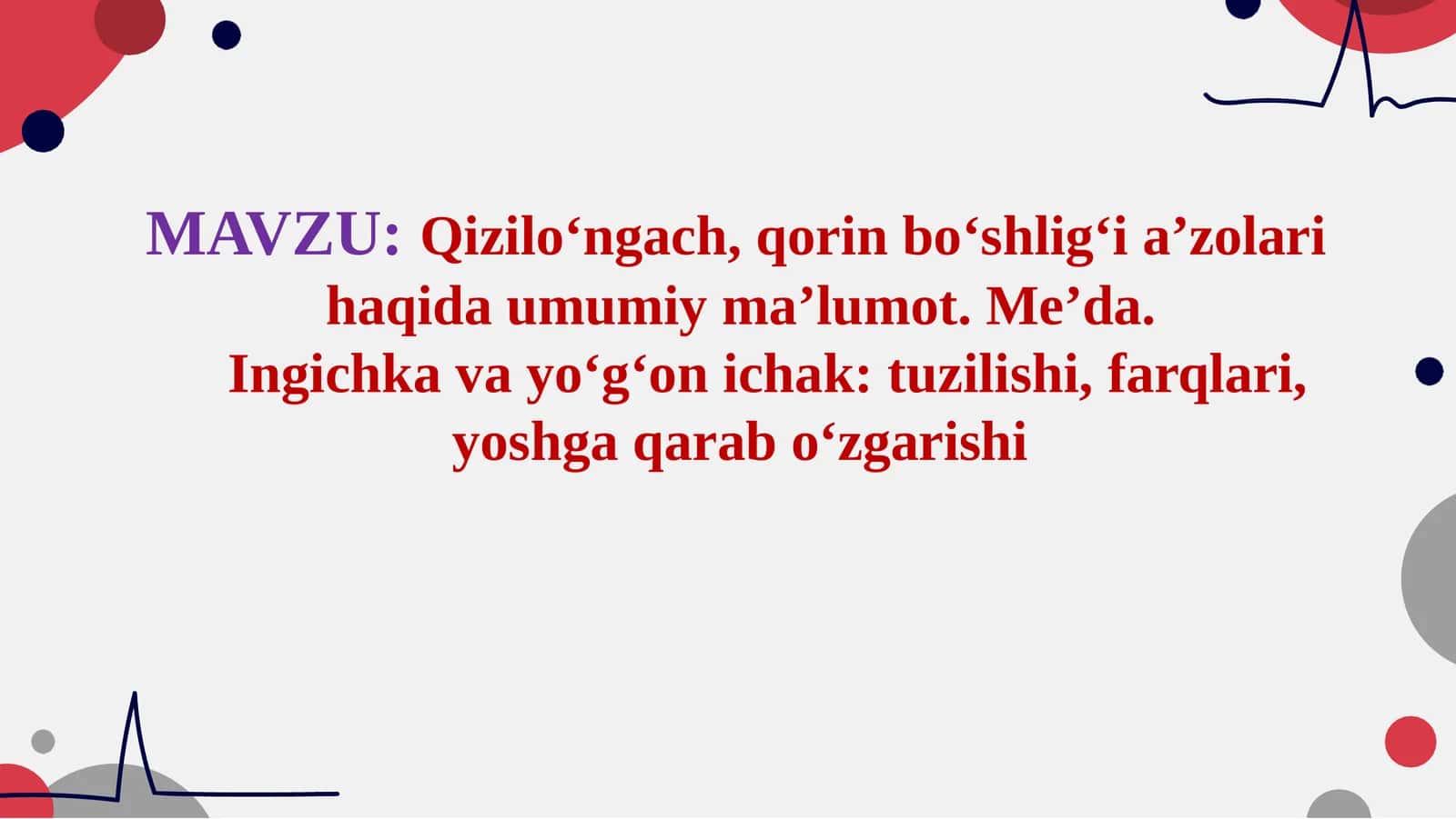 Qiziloʻngach,Me'da,ingichka ichak,yo'g'on ichak anatomiyasi 1