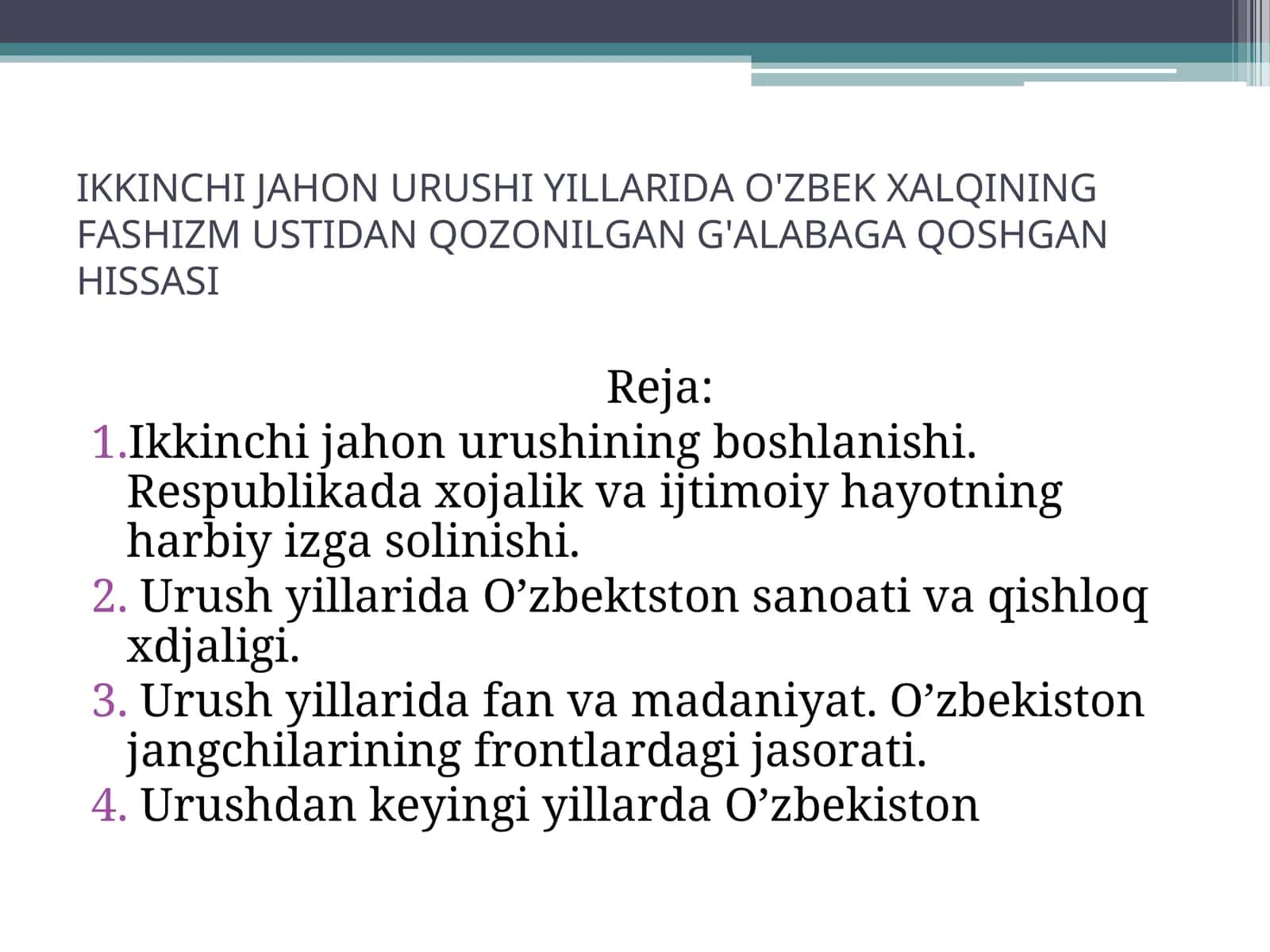 Ikkinchi jahon urushi yillarida O'zbek xalqining fashizm ustidan qozonilgan g'alabaga qoshgan hissasi 1