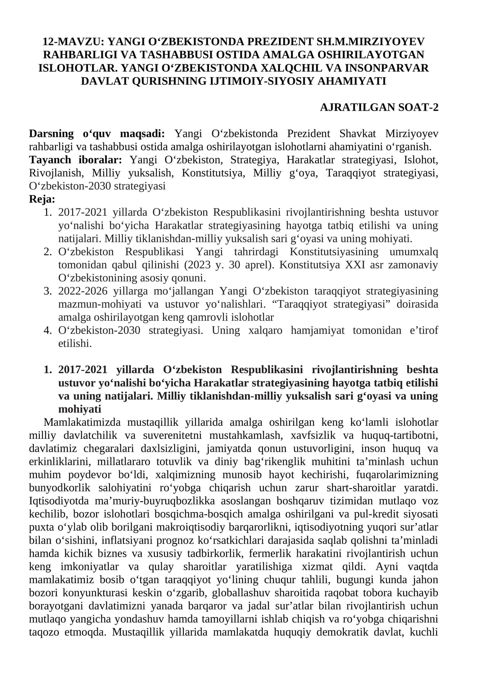 Yangi Oʻzbekistonda Prezident Sh.M.Mirziyoyev Rahbarligi va Tashabbusi Ostida Amalga Oshirilayotgan Ishlohlar 1