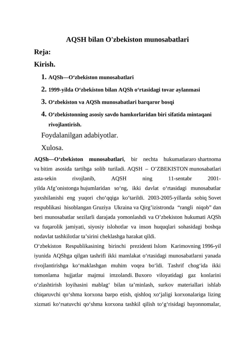AQSH bilan O'zbekiston munosabatlari 1
